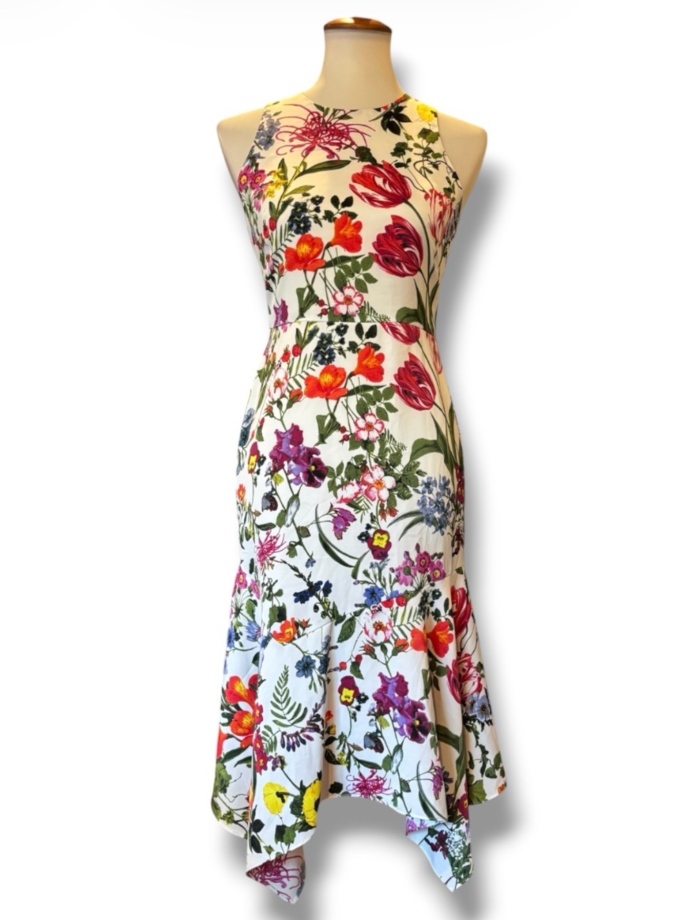 Maggy London Petite Floral High Neck Asymmetric Hem Midi Dress Size 2P